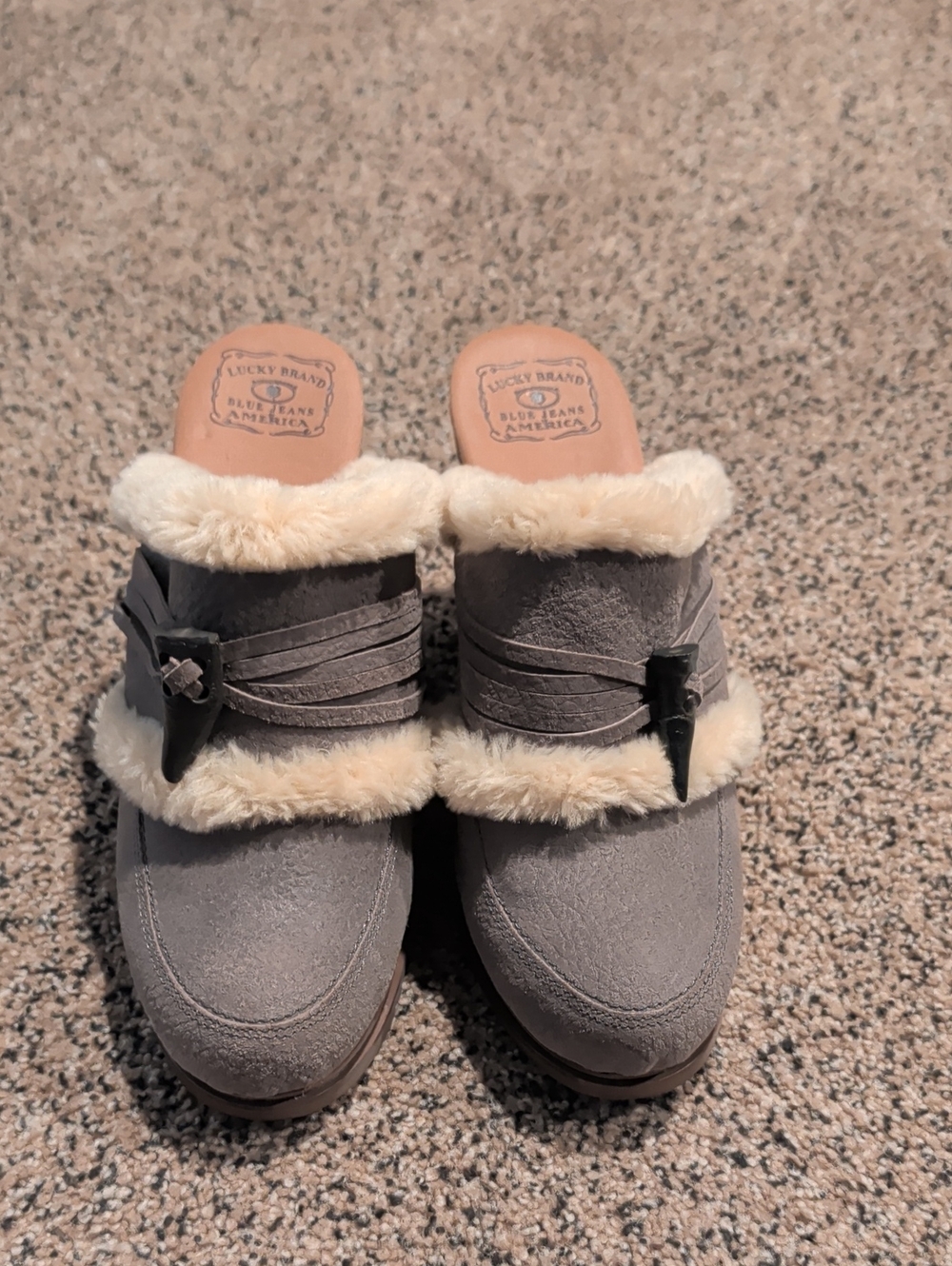 Lucky Brand Gray Suede-Look Faux Fur Lined Slip-On Mules
